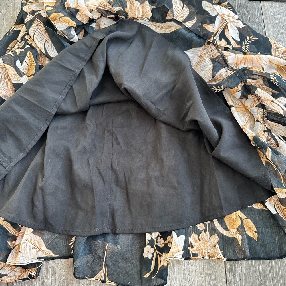 SHEIKE Plunging Neck Sheer Long Sleeve Brown Black Floral Tropical Mini Dress - Picture 15 of 15